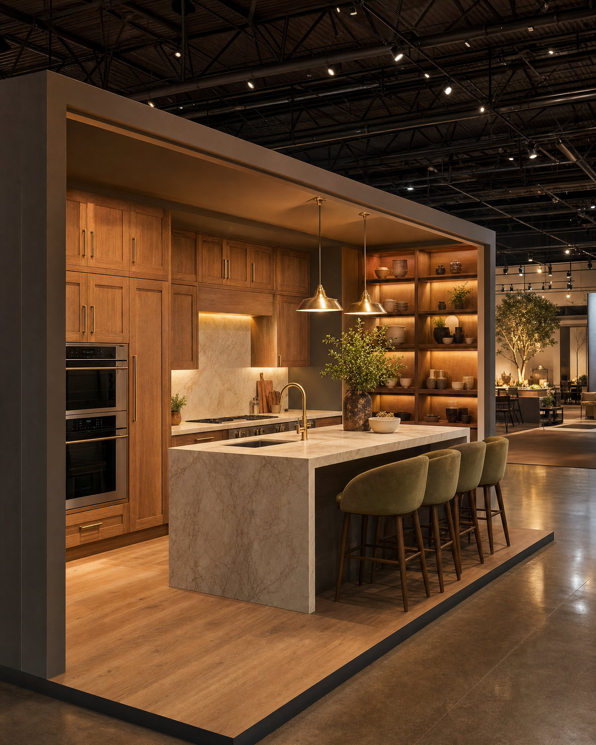 A complete kitchen built full-scale as a stand on the HOMEX floor — oak cabinetry, a marble island and brass pendants, with the exhibition hall visible past its open edge.